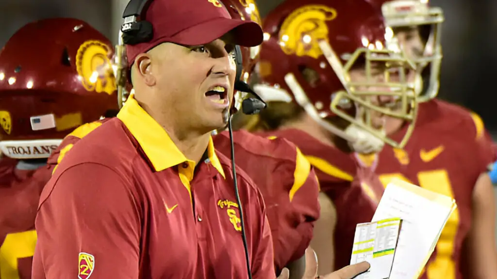 USC Trojans interim head coach Clay Helton calls a timeout during a 42-24 win over the Utah Utes