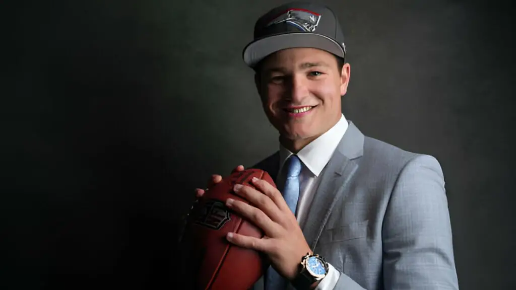 Former North Carolina Tar Heels quarterback Drake Maye poses for portraits after being selected third overall in the first round by the New England Patriots during the 2024 NFL draft