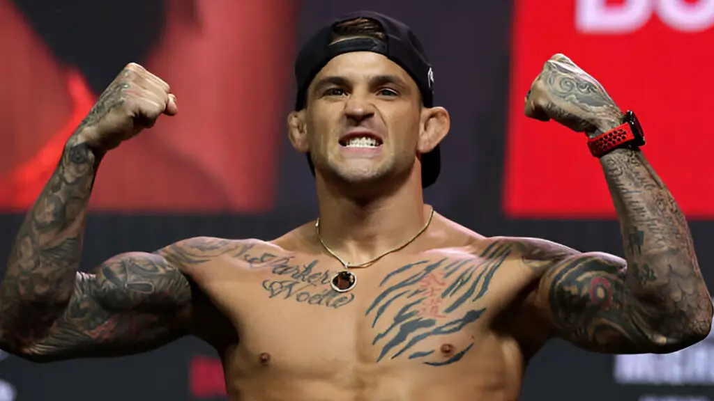 UFC star Dustin Poirier poses during a ceremonial weigh-in for UFC 264