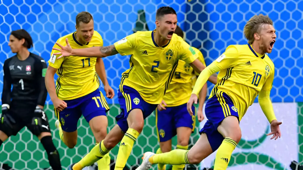 Sweden midfielder Emil Forsberg celebrates scoring during the Russia 2018 World Cup round of 16 football match between Sweden and Switzerland