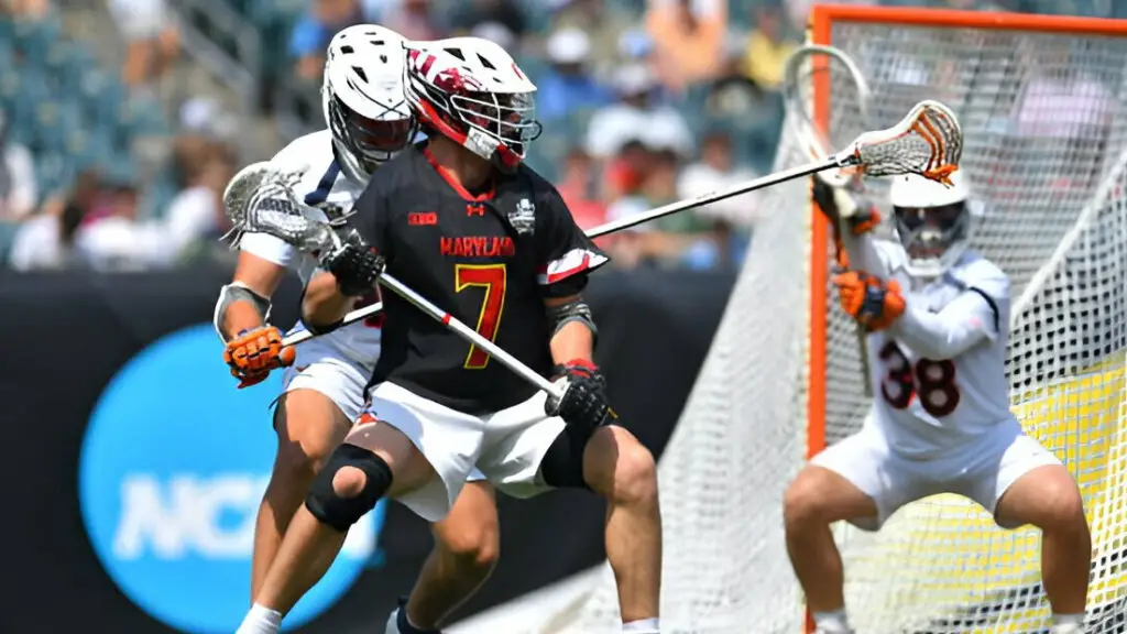 Maryland Terrapins player Eric Spanos gets ready to shoot on goal against the University of Virginia Cavaliers during the Division I Men's Lacrosse Semifinals