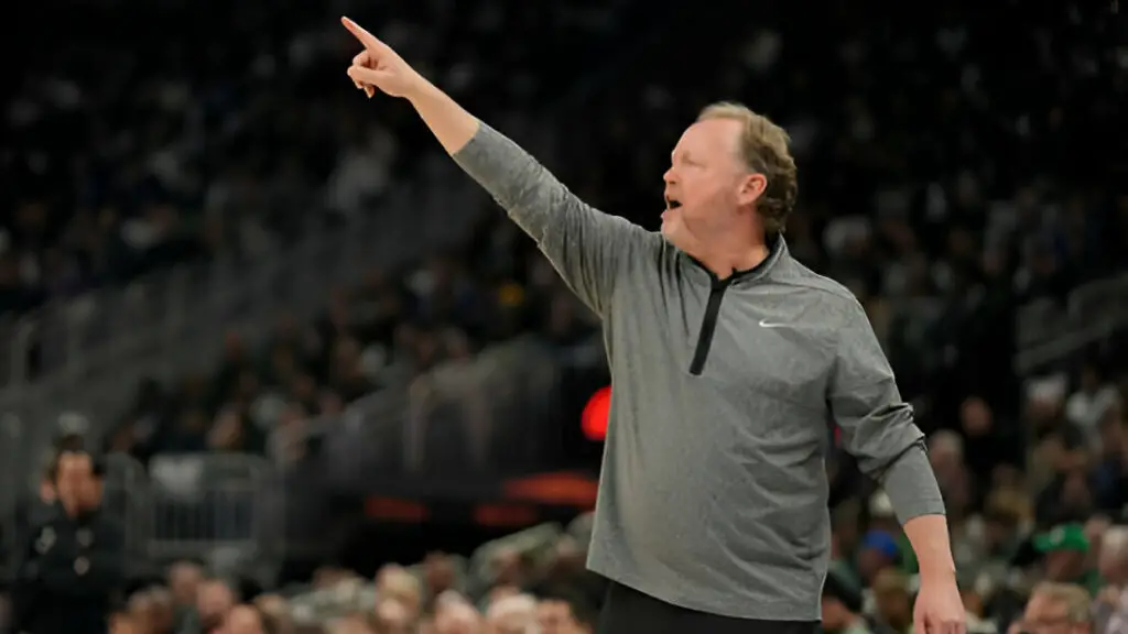 Former Milwaukee Bucks head coach Mike Budenholzer reacts during the first half of Game Two of the Eastern Conference First Round Playoffs against the Miami Heat