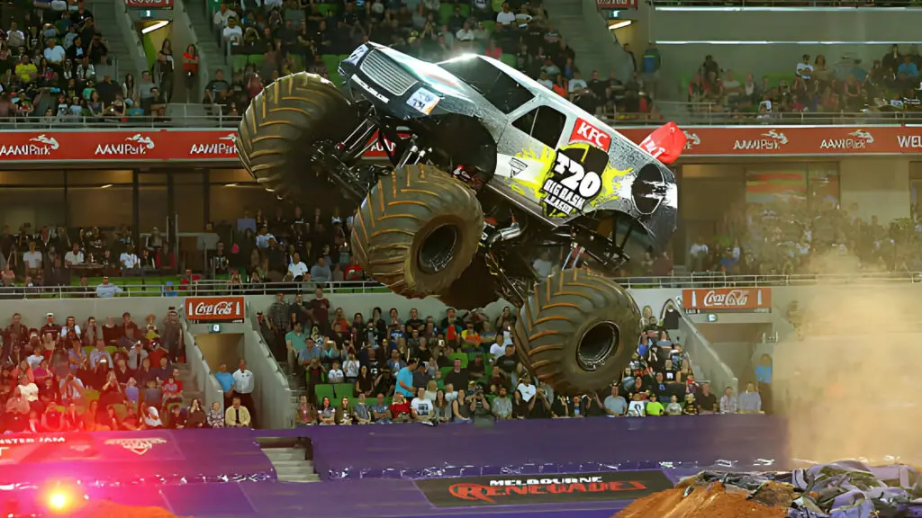 Big Bash League Monster Truck driver Marc McDonald jumps during Monster Jam show