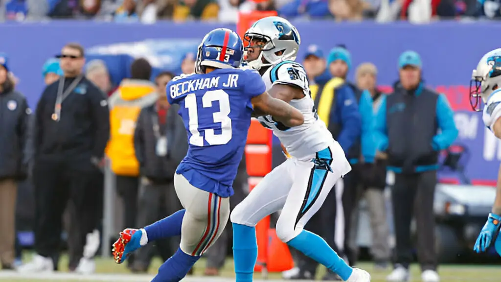 New York Giants wide receiver Odell Beckham Jr. is hit by Carolina Panthers cornerback Josh Norman during the second half