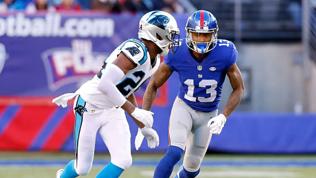 New York Giants wide receiver Odell Beckham Jr. runs a route against Carolina Panthers cornerback Josh Norman in their game