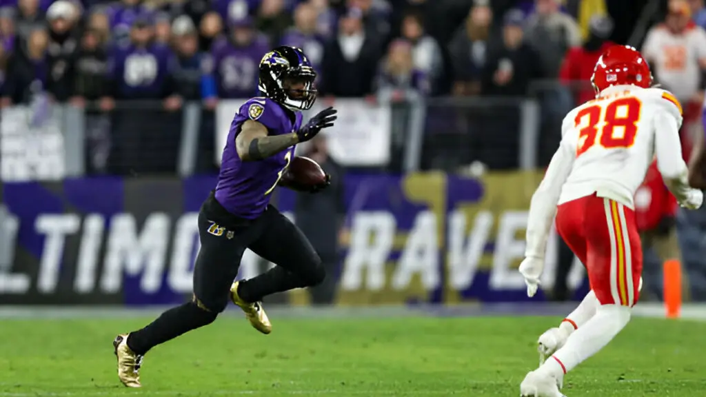 Former Baltimore Ravens wide receiver Odell Beckham Jr. runs the ball during the AFC Championship NFL football game against the Kansas City Chiefs
