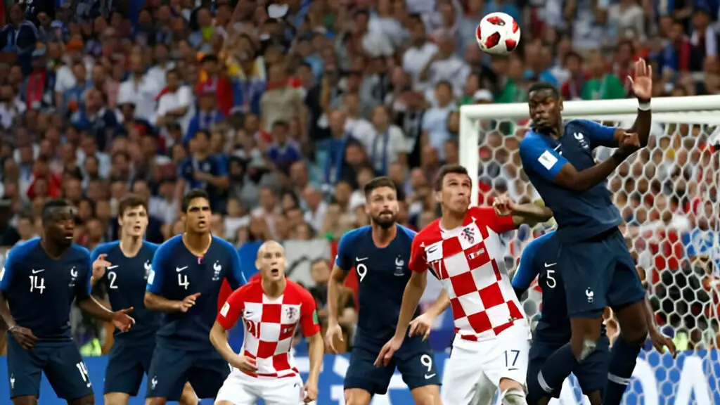 France player Paul Pogba jumps to head the ball during the 2018 FIFA World Cup Russia final match between France and Croatia