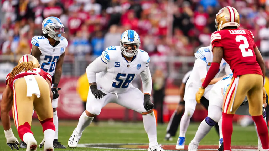 Detroit Lions star offensive lineman Penei Sewell drops back to block during the NFC Championship game against the San Francisco 49ers