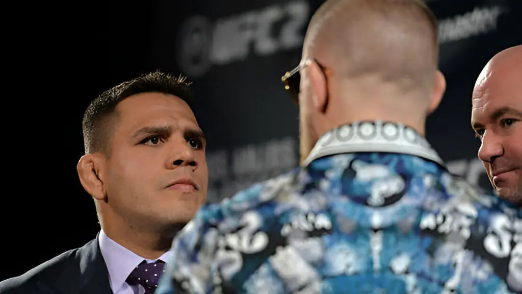 UFC lightweight champion Rafael dos Anjos and UFC featherweight champion Conor McGregor face off during the UFC 197 on-sale press conference event