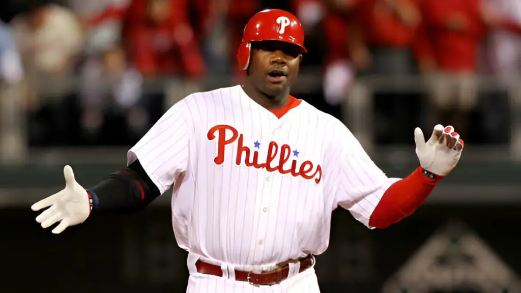 Philadelphia Phillies first baseman Ryan Howard reacts after a double in the fifth inning against the San Francisco Giants in Game Six of the NLCS during the 2010 MLB Playoffs at Citizens Bank Park