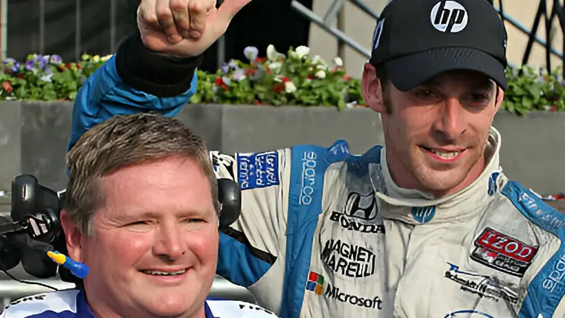 Schmidt Hamilton Motorsports driver Simon Pagenaud poses with his car owner Sam Schmidt after winning the Grand Prix of Baltimore