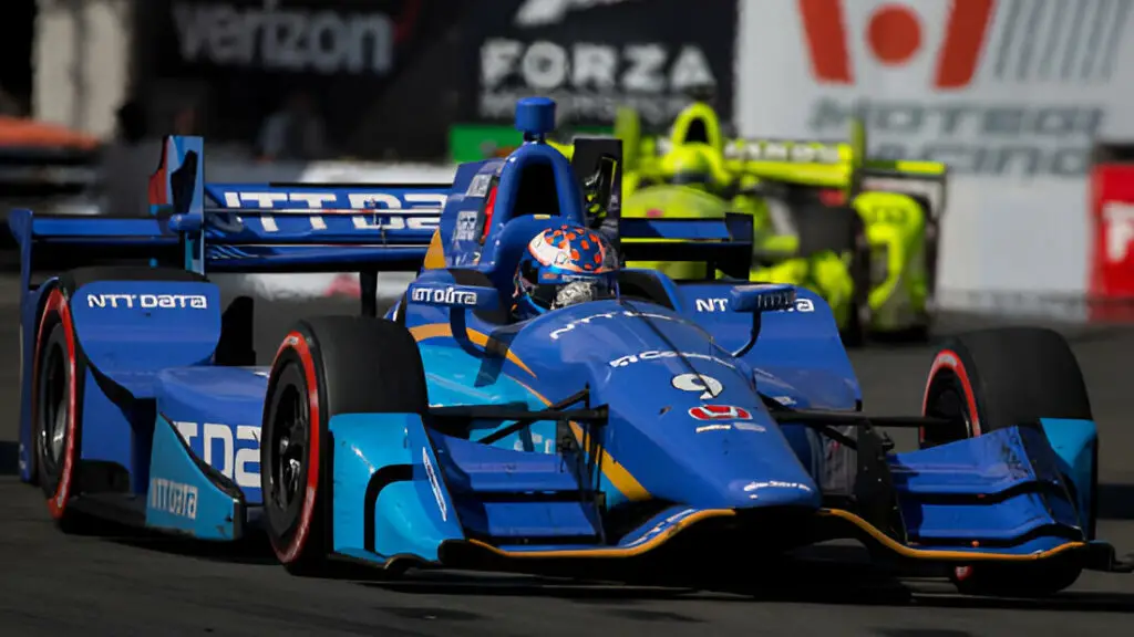 IndyCar driver Scott Dixon drives the #9 Chevrolet IndyCar on the track during the Grand Prix at Long Beach IndyCar race