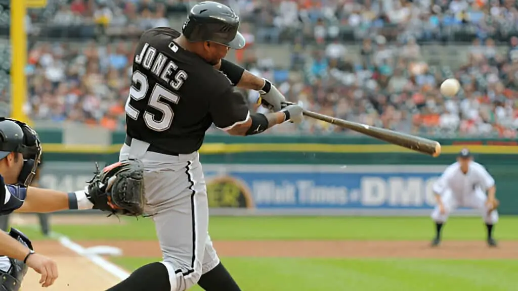 Chicago White Sox outfielder Andruw Jones bats against the Detroit Tigers during the game