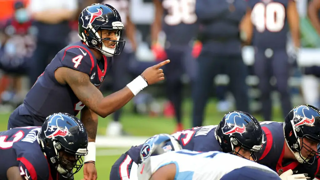 Houston Texans star quarterback Deshaun Watson calls a play at the line of scrimmage during a game against the Tennessee Titans