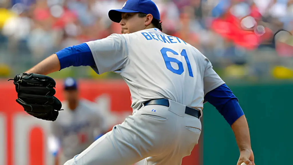 Los Angeles Dodgers pitcher Josh Beckett prepares to throw a pitch during a game against the Philadelphia Phillies