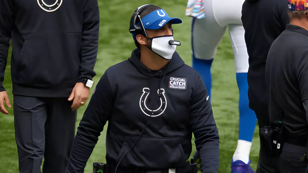 Indianapolis Colts Offensive Coordinator Nick Sirianni looks on in-game action during an NFL game between the Indianapolis Colts and the Cincinnati Bengals