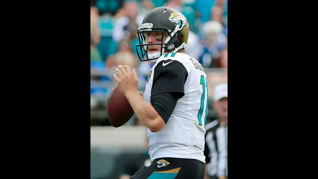 Jacksonville Jaguars quarterback Blaine Gabbert attempts a pass during the game against the Indianapolis Colts