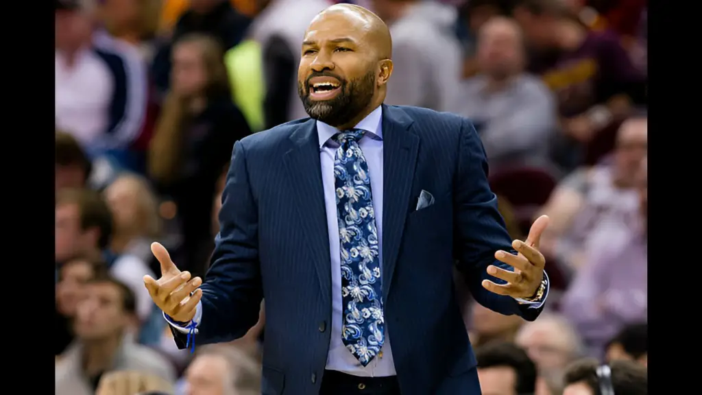 Former New York Knicks Head coach Derek Fisher reacts to a call by referees during the second half against the Cleveland Cavaliers