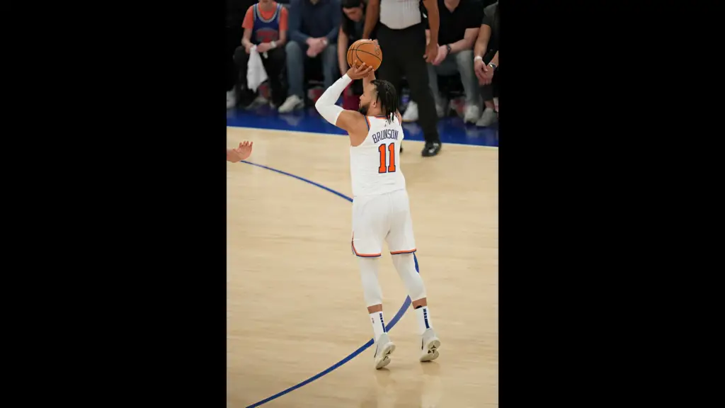 New York Knicks star Jalen Brunson shoots a three point basket during the game against the Indiana Pacers during Game 7 of the Second Round of the 2024 NBA Playoffs