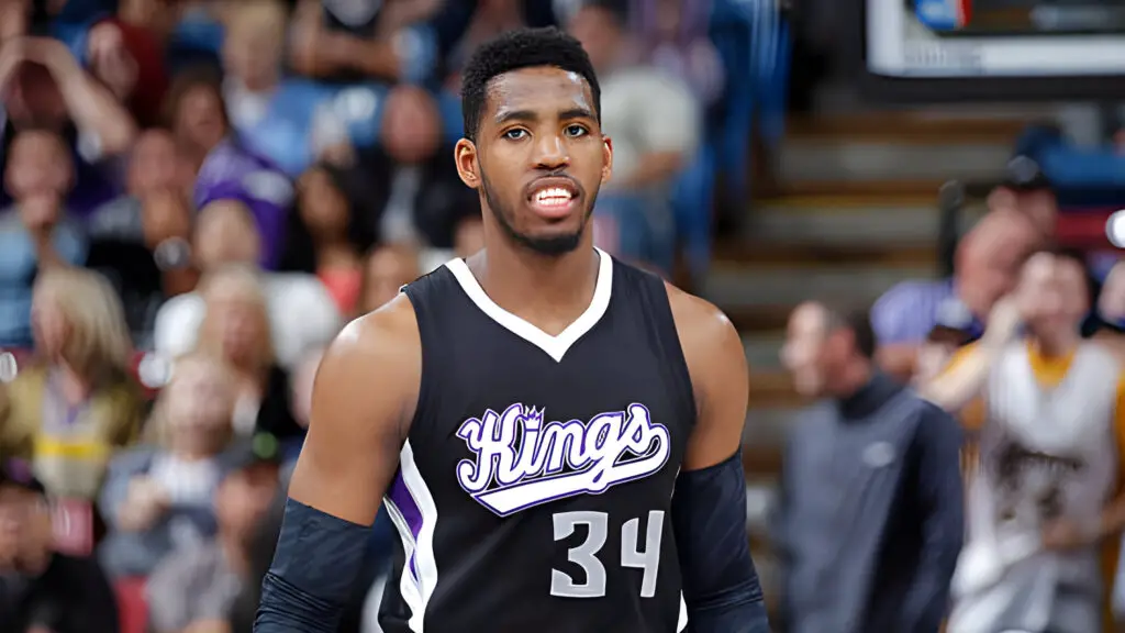 Former Sacramento Kings player Jason Thompson looks on during the game against the Los Angeles Lakers