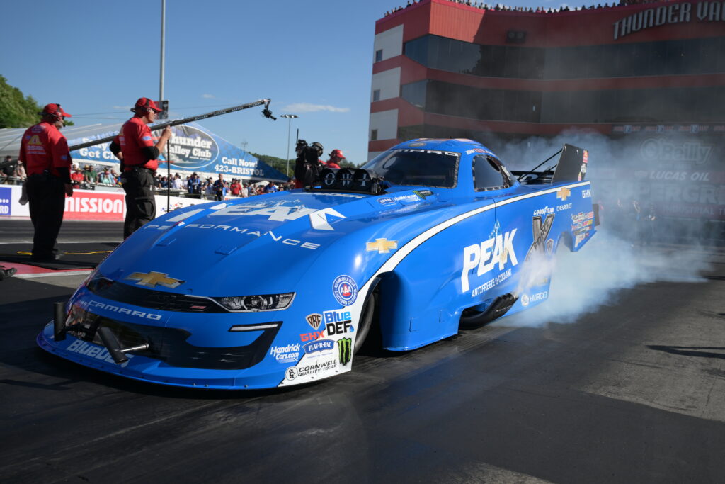 John Force Racing Funny Car legend John Force doing a burnout before a pass at Bristol Dragway