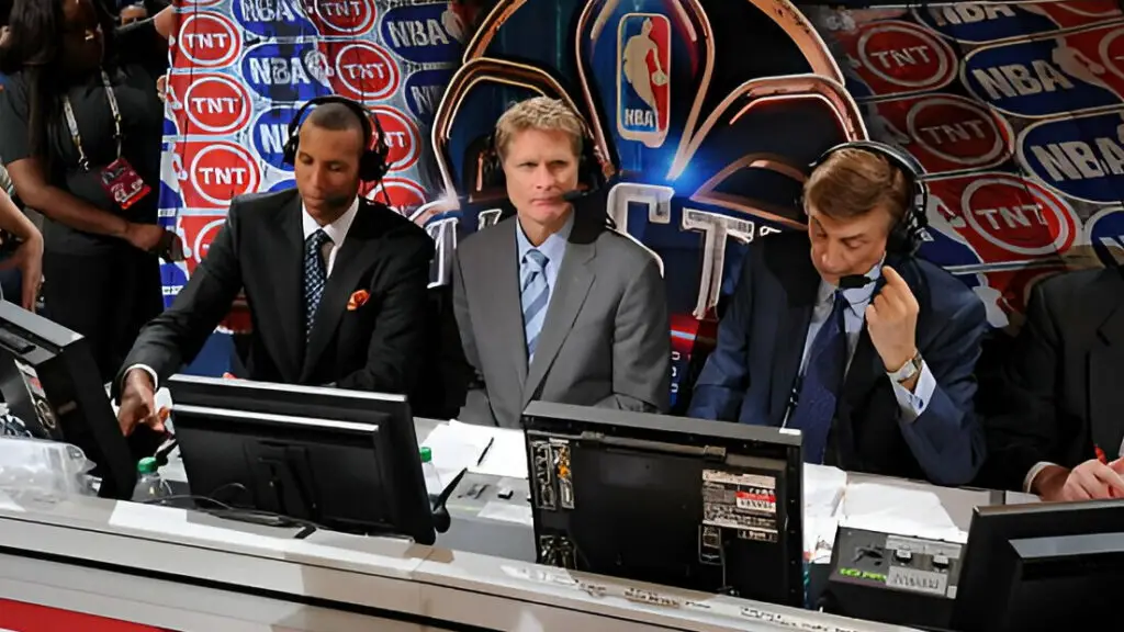 TNT announcers Reggie Miller, Steve Kerr and Marv Albert during the 2014 NBA All-Star Game as part of the 2014 All-Star Weekend