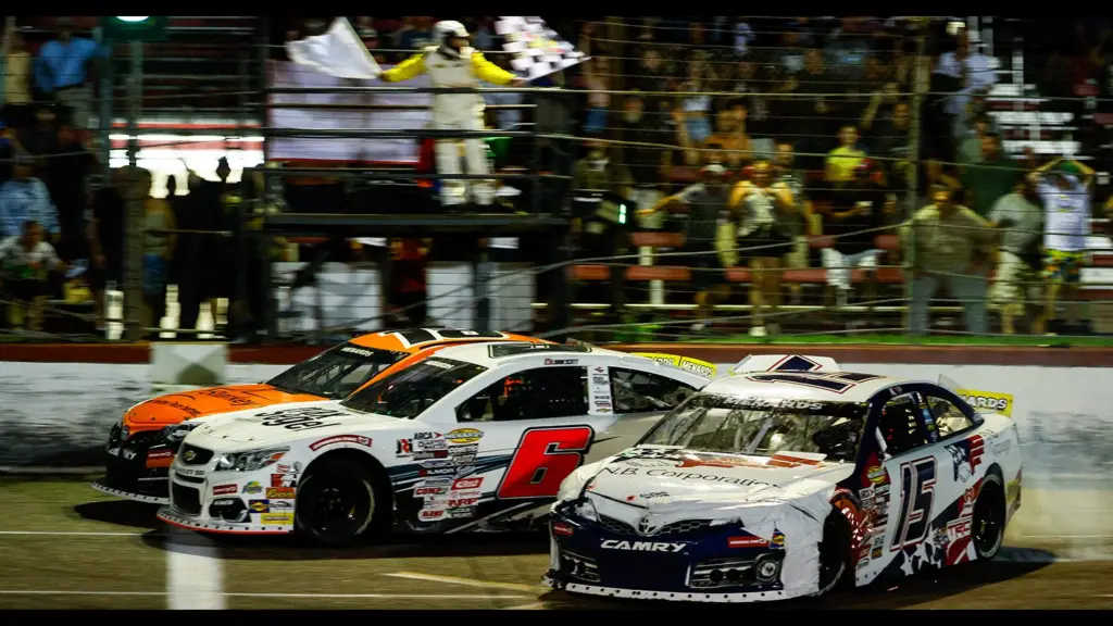 ARCA Racing Series driver William Sawalich crosses the finish line with Lavar Scott in a photo finish at Elko Speedway