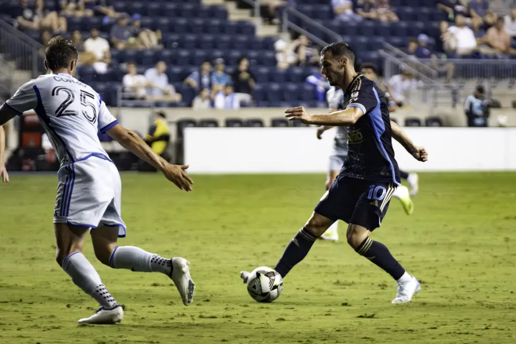 Philadelphia Union star Daniel Gazdag plays the ball against CF Montreal in Leagues Cup action