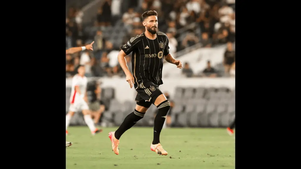 LAFC signing Olivier Giroud on the field after making his MLS debut against the San Jose Earthquakes in the Leagues Cup Round of 16 contest