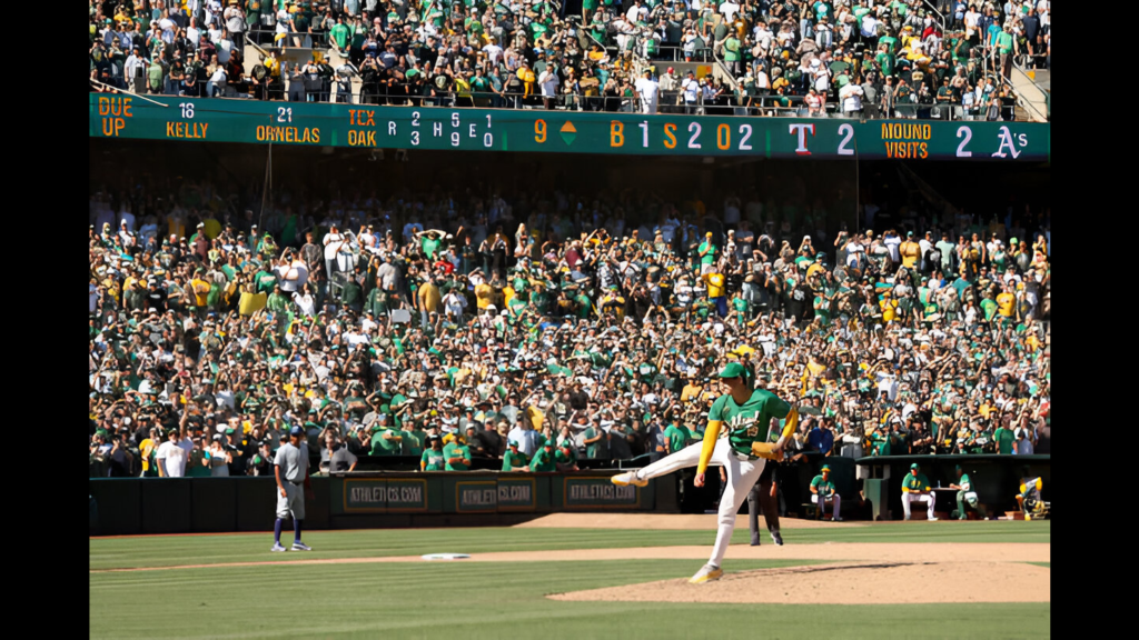 Oakland Athletics closer Mason Miller throws the final pitch of their game against the Texas Rangers