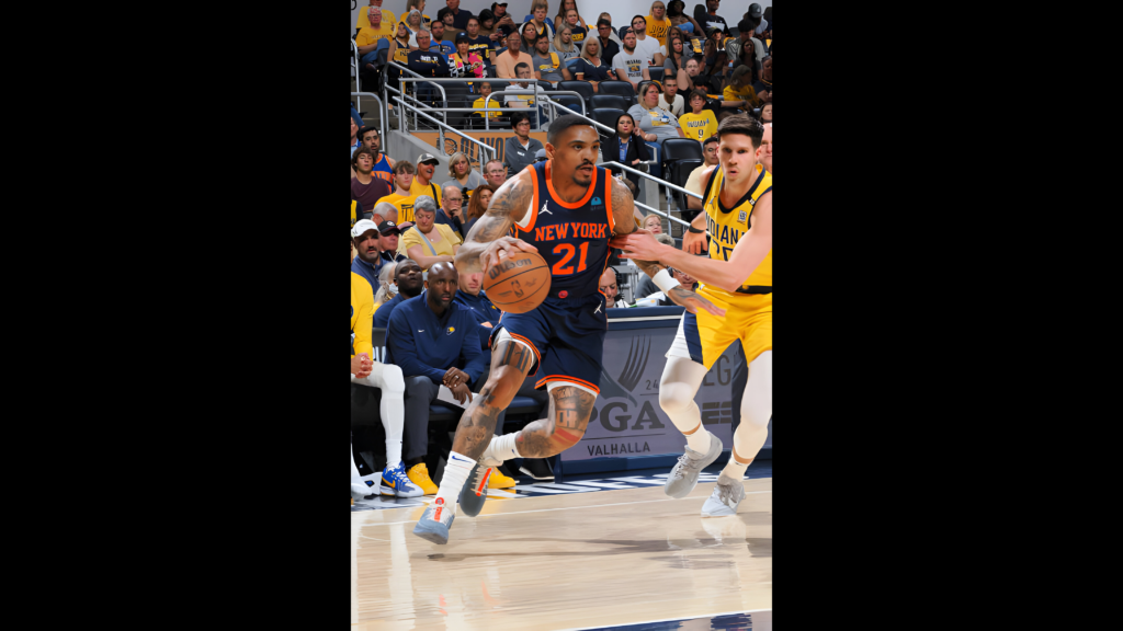 Former New York Knicks player Daquan Jeffries dribbles the ball during the game against the Indiana Pacers during Round 2 of Game 4 of the 2024 NBA Playoffs 