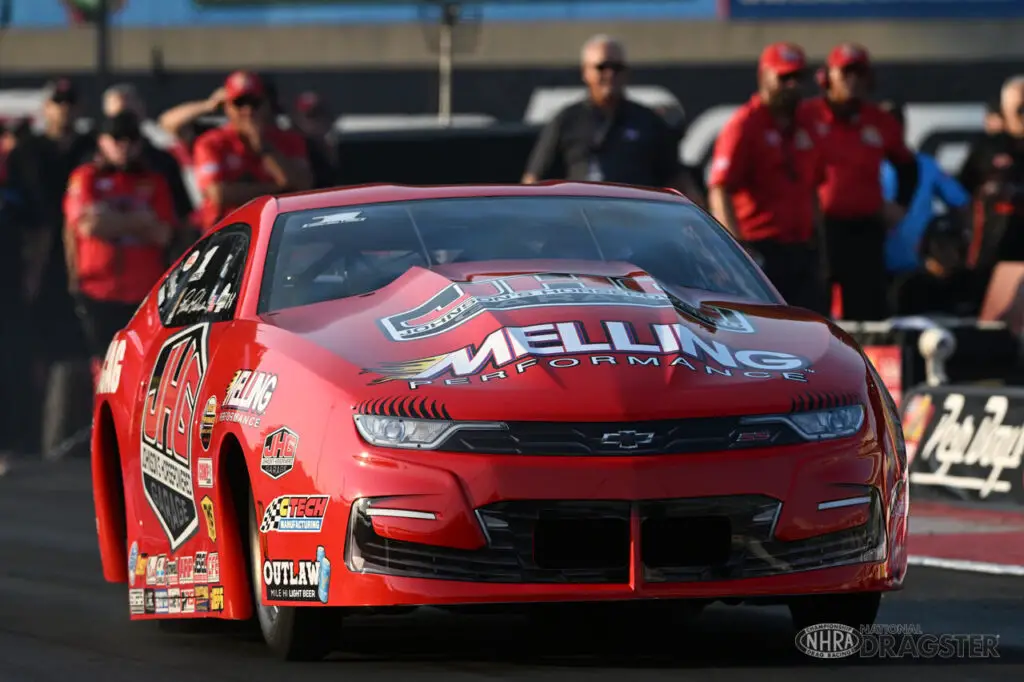 Melling Performance sponsored Pro Stock driver Erica Enders making a pass on Friday during the Pep Boys NHRA Nationals