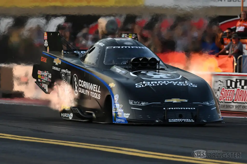 Cornwell Tools Funny Car driver Austin Prock making a pass down the Maple Grove Raceway dragstrip