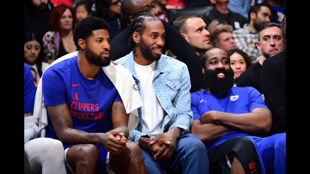 Los Angeles Clippers stars Paul George, Kawhi Leonard, and James Harden look on during the game against the Utah Jazz