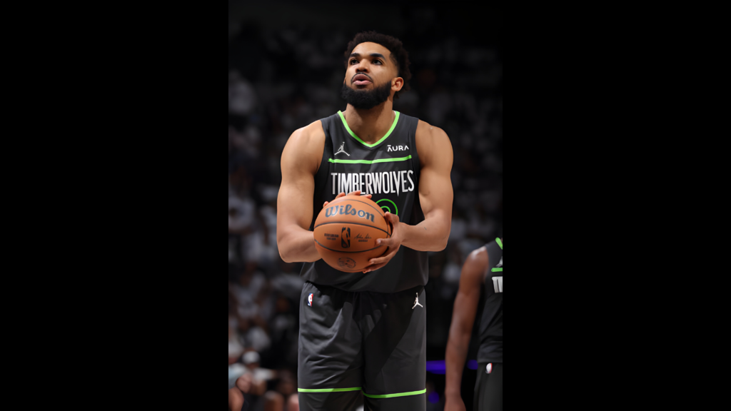 Former Minnesota Timberwolves center Karl-Anthony Towns prepares to shoot a free throw against the Dallas Mavericks during Round 3 of Game 5 of the 2024 NBA Playoffs