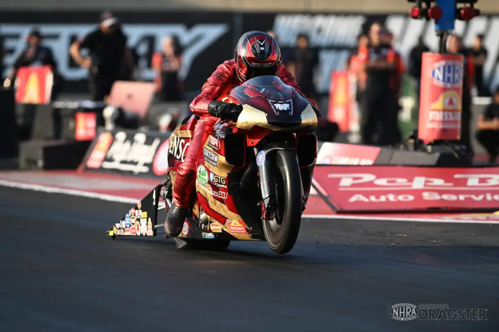 Denso sponsored Pro Stock Motorcycle rider Matt Smith making a pass on Friday