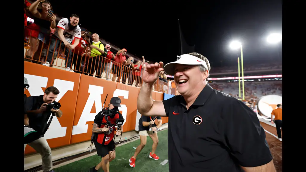 Georgia Bulldogs head coach Kirby Smart reacts after defeating the Texas Longhorns