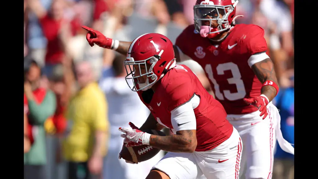 Alabama Crimson Tide cornerback Domani Jackson returns an interception in the final seconds of their 27-25 win over South Carolina Gamecocks during the fourth quarter