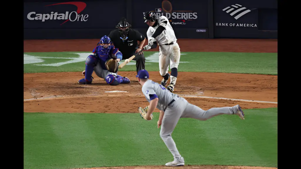 New York Yankees shortstop Anthony Volpe hits a grand slam in the third inning during Game 4 of the 2024 World Series presented by Capital One between the Los Angeles Dodgers and the New York Yankees