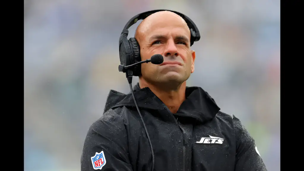 Former New York Jets head coach Robert Saleh looks on against the Denver Broncos during the first half