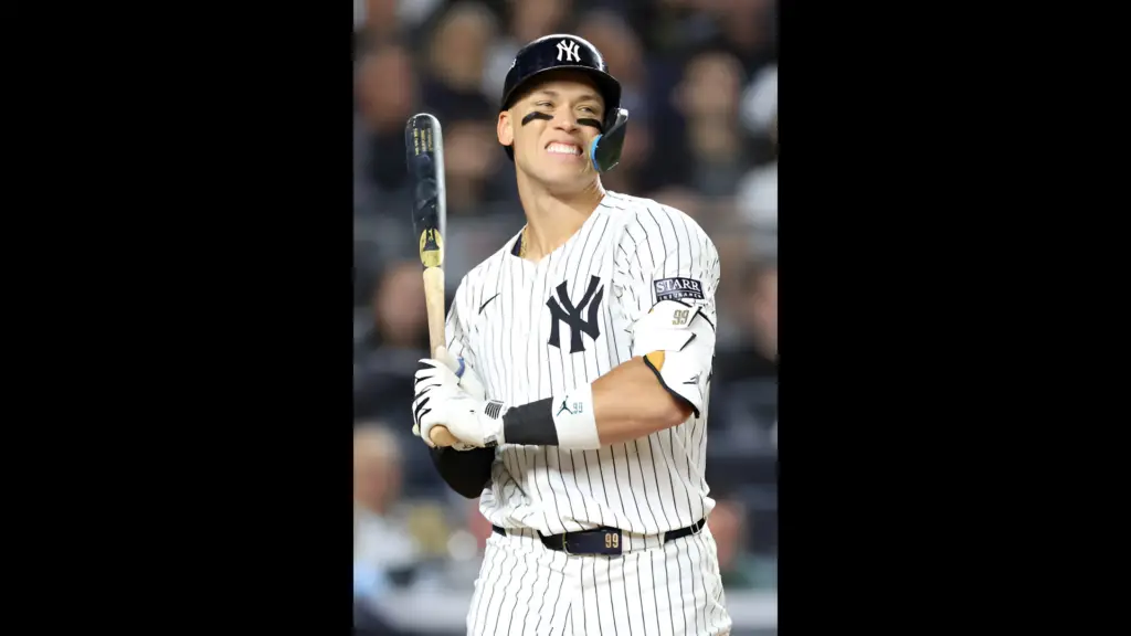 New York Yankees slugger Aaron Judge reacts during an at-bat in the fifth inning against the Kansas City Royals during Game Two of the Division Series