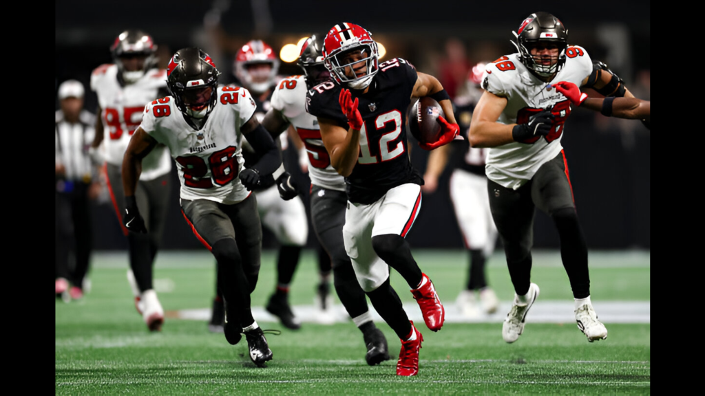 Atlanta Falcons wide receiver KhaDarel Hodge scores a touchdown during overtime of an NFL football game against the Tampa Bay Buccaneers