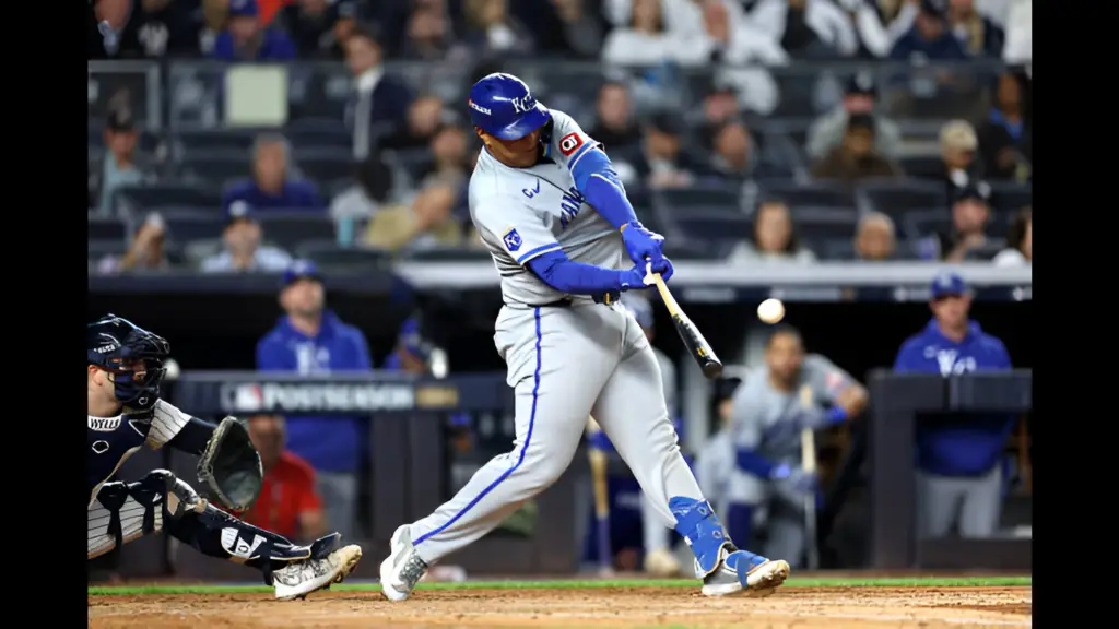 Kansas City Royals star Salvador Perez hits a solo home run in the fourth inning against the New York Yankees during Game Two of the Division Series