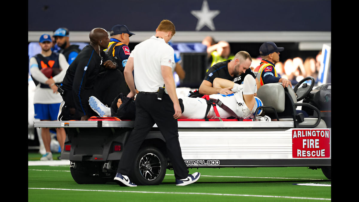 Detroit Tigers star defensive end Aidan Hutchinson is taken off the field on a medical cart after injuring his leg on a play in the third quarter of a game against the Dallas Cowboys