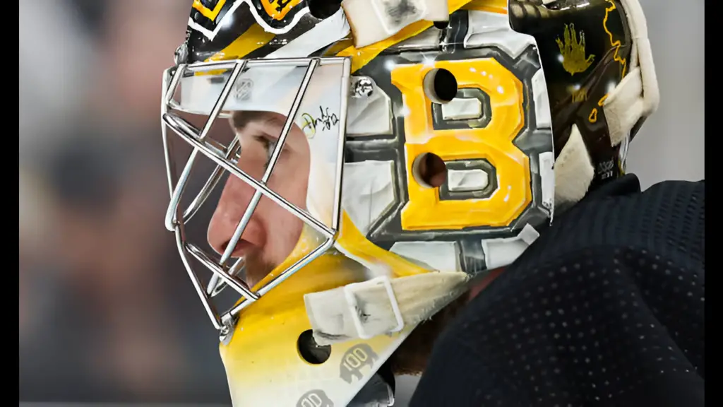 Boston Bruins goalie Jeremy Swayman tends to goal against the Florida Panthers during the second period in Game Six of the Second Round of the 2024 Stanley Cup Playoffs