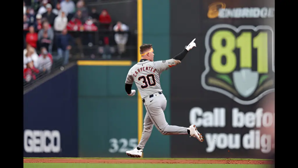 Detroit Tigers designated hitter Kerry Carpenter celebrates as he rounds the bases after hitting a three-run home run in the ninth inning during Game 2 of the Division Series presented by Booking.com between the Detroit Tigers and the Cleveland Guardians