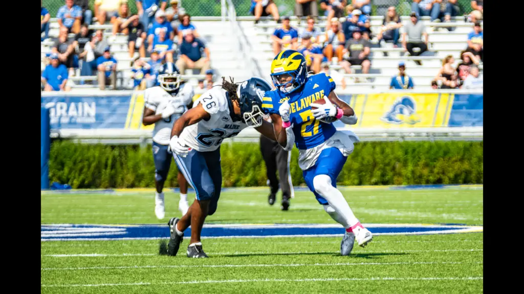 Delaware Blue Hens running back Marcus Yarns carries the football against the Maine Black Bears