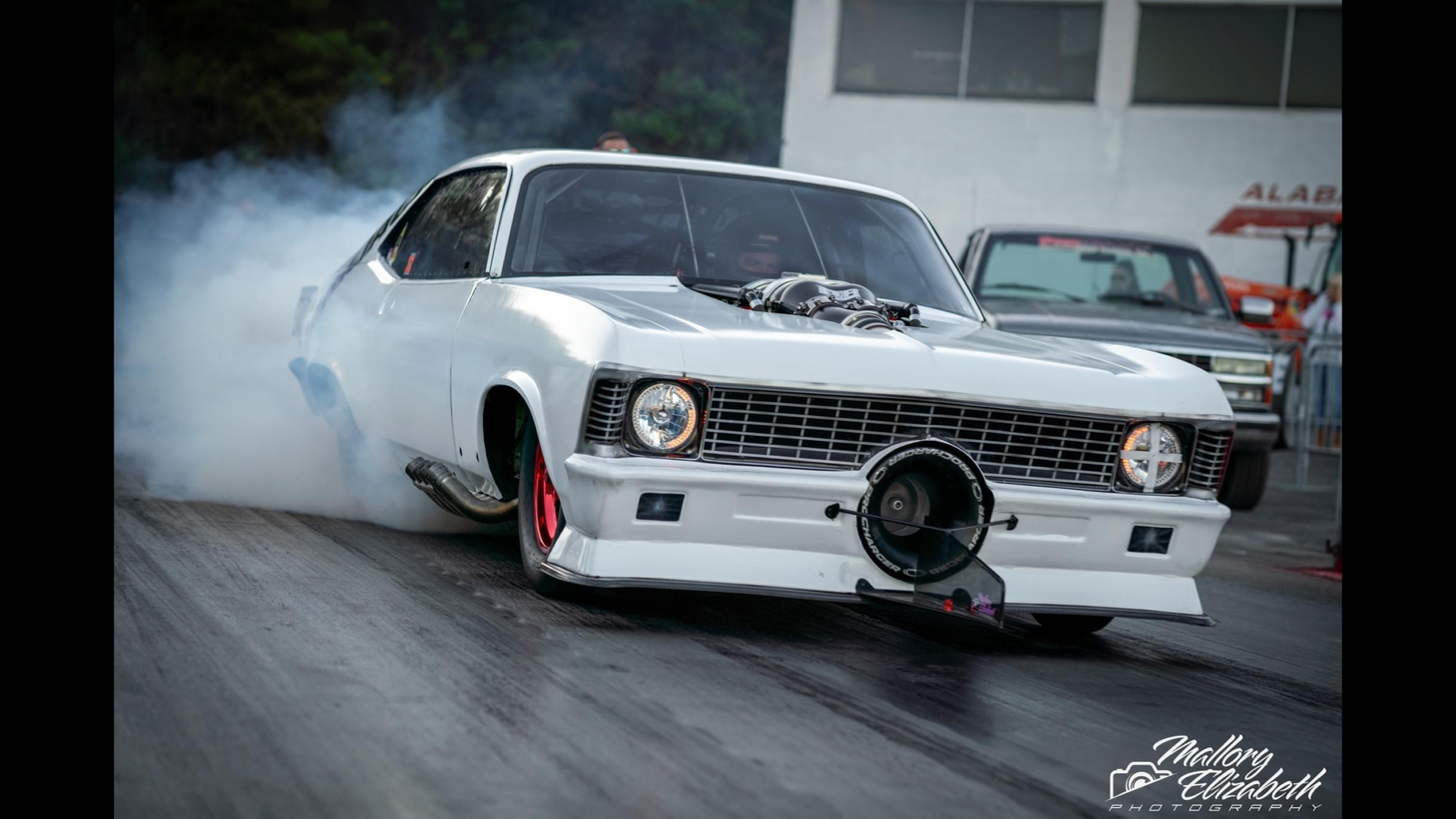 Street Outlaws original Shawn “Murder Nova” Ellington prepares to do a burnout as he prepares to make a pass down the track