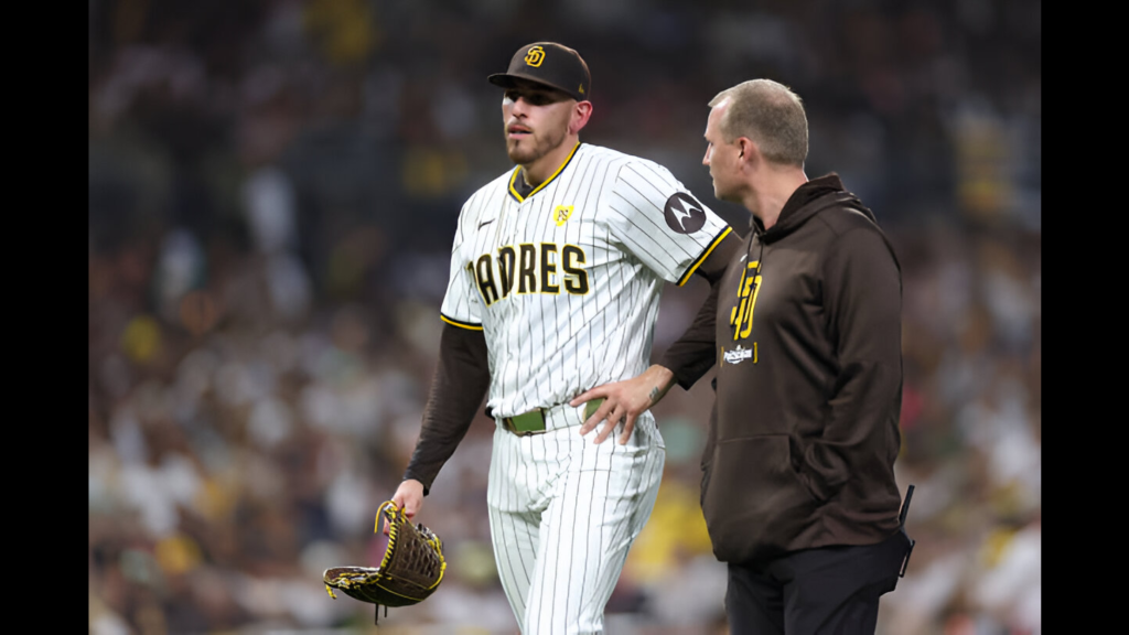 San Diego Padres pitcher Joe Musgrove leaves the game against the Atlanta Braves during the fourth inning in Game Two of the Wild Card Series