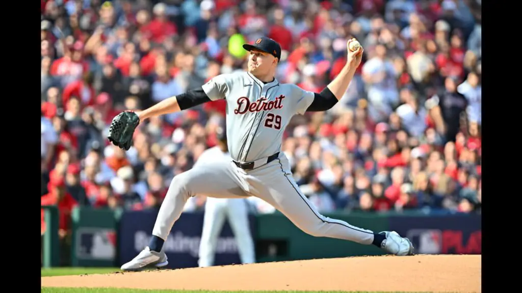 Detriot Tigers starting pitcher Tarik Skubal throws a pitch during the first inning against the Cleveland Guardians during Game Five of the Division Series